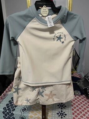 Modern Moments Cream & Sage Starfish Kids' Rash Guard Set